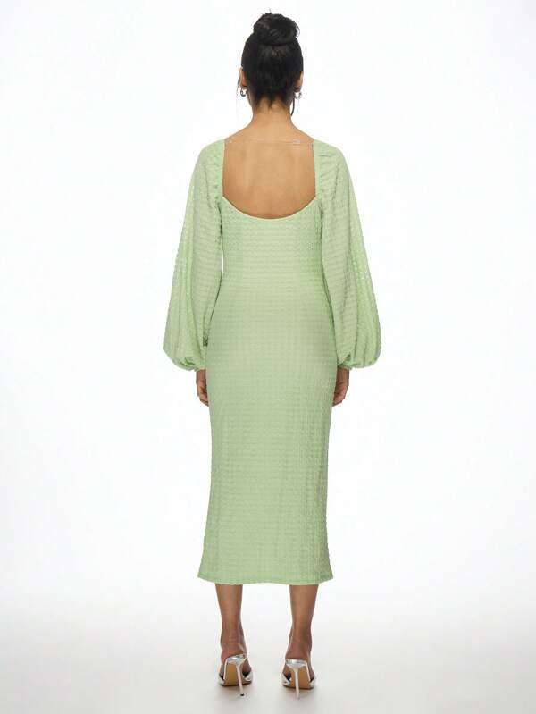 Missguided MISSGUIDED Textured Milkmaid Square Neck Balloon Sleeves Empire Waist Midi Dress