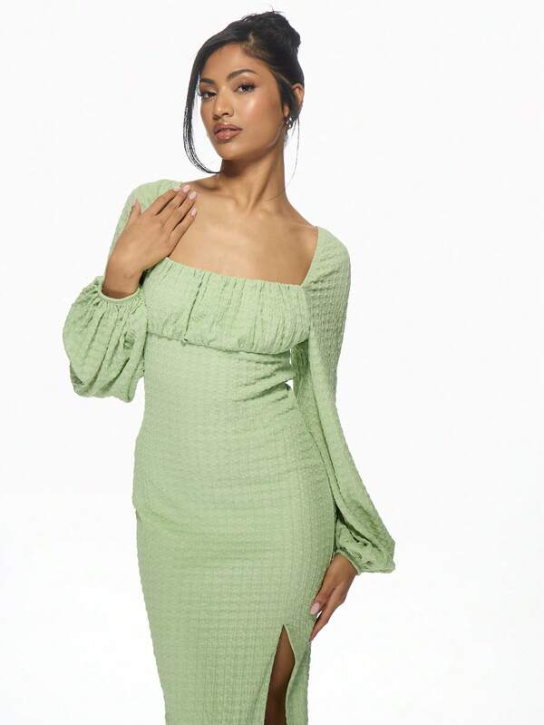 Missguided MISSGUIDED Textured Milkmaid Square Neck Balloon Sleeves Empire Waist Midi Dress