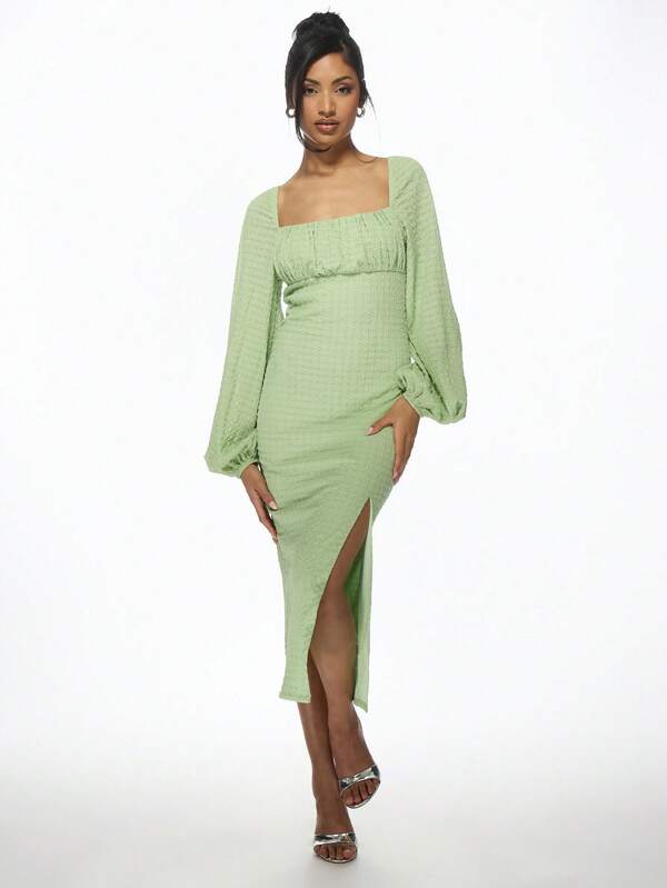 Missguided MISSGUIDED Textured Milkmaid Square Neck Balloon Sleeves Empire Waist Midi Dress