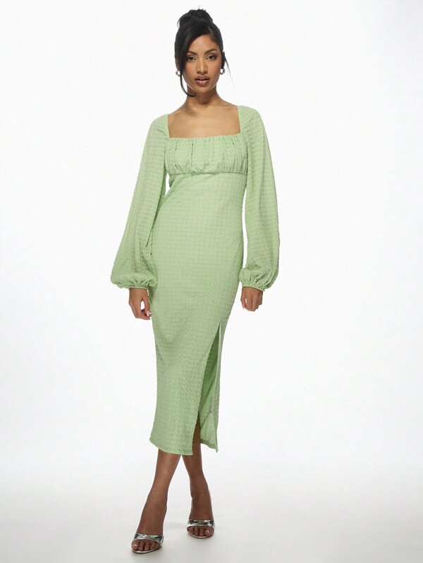 missguided MISSGUIDED Textured Milkmaid Square Neck Balloon Sleeves Empire Waist Midi Dress