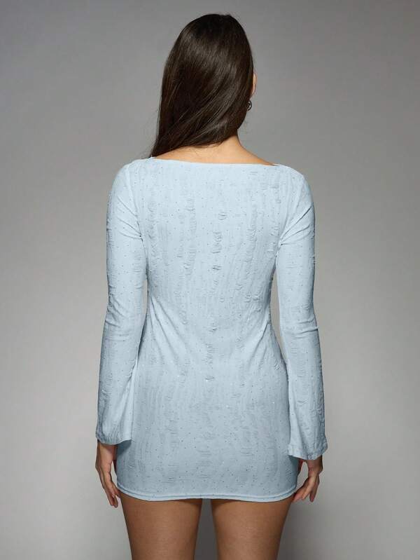 Missguided MISSGUIDED Textured Mini Dress With Long Sleeves And Boat Neck