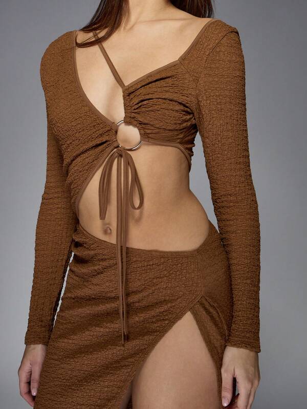 Missguided MISSGUIDED Textured Multistring Detail Cut Out LOng Sleeves Extreme Slit Maxi Dress