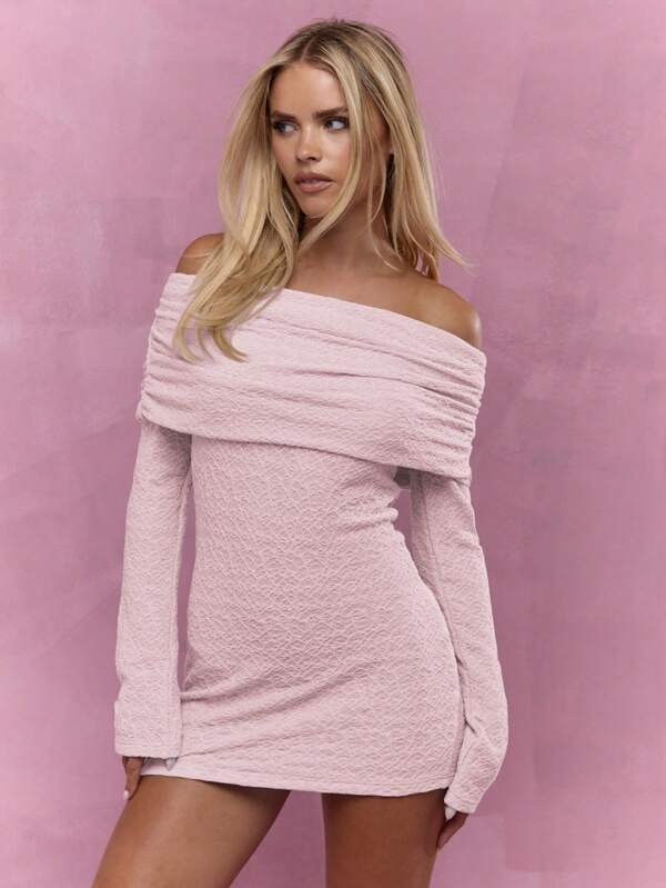 missguided MISSGUIDED Textured Off Shoulder Bodycon Mini Dress With Long Sleeves