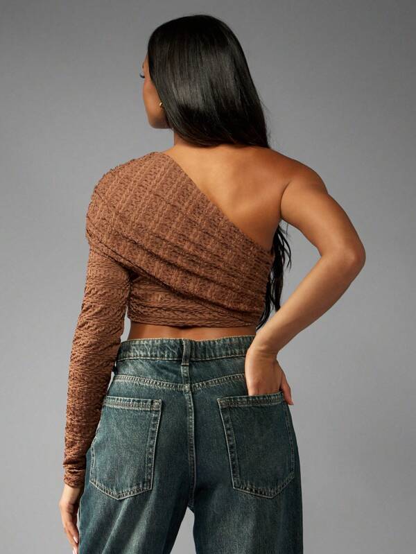 Missguided MISSGUIDED Textured One Shoulder Ruched Crop Top With Long Sleeve