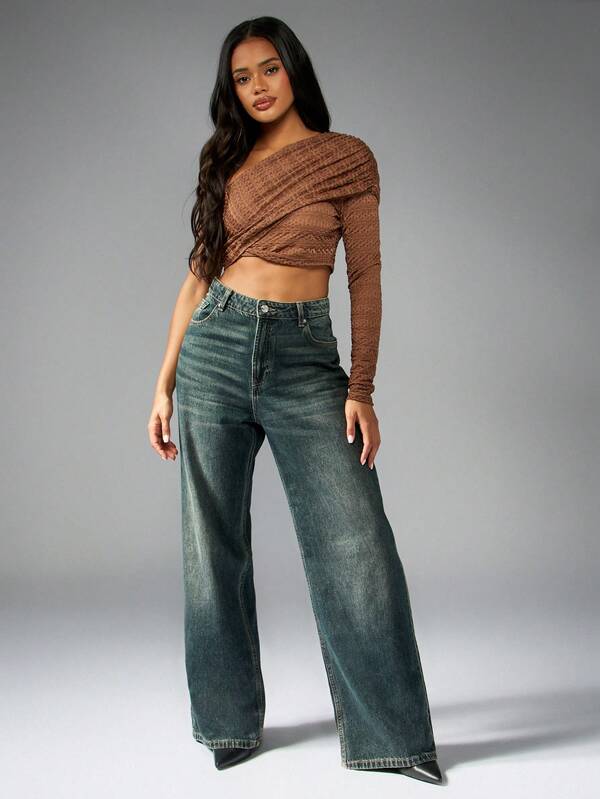 Missguided MISSGUIDED Textured One Shoulder Ruched Crop Top With Long Sleeve