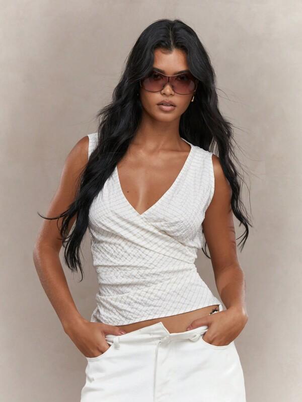 missguided MISSGUIDED Textured Plunge Neck Wrap Sleeveless Top With Belt
