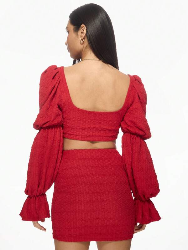 Missguided MISSGUIDED Textured Puff Sleeve Crop Top Mini Skirt Set