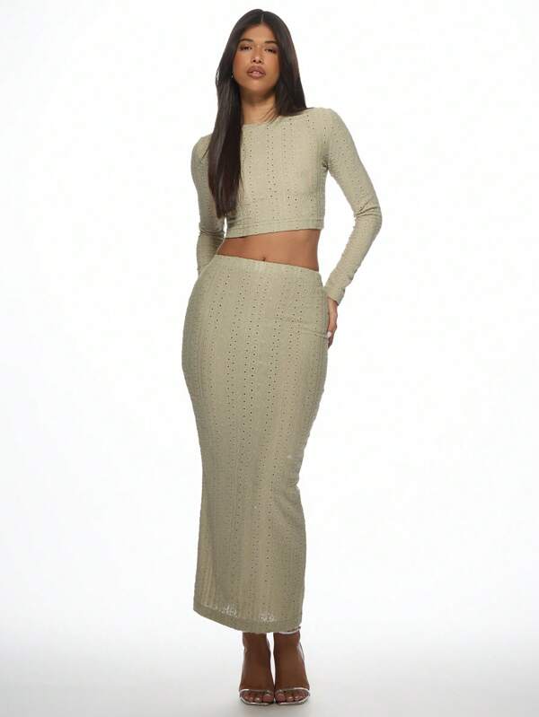 missguided MISSGUIDED Textured Ribbed Crop Top Maxi Skirt Two Piece Outfit