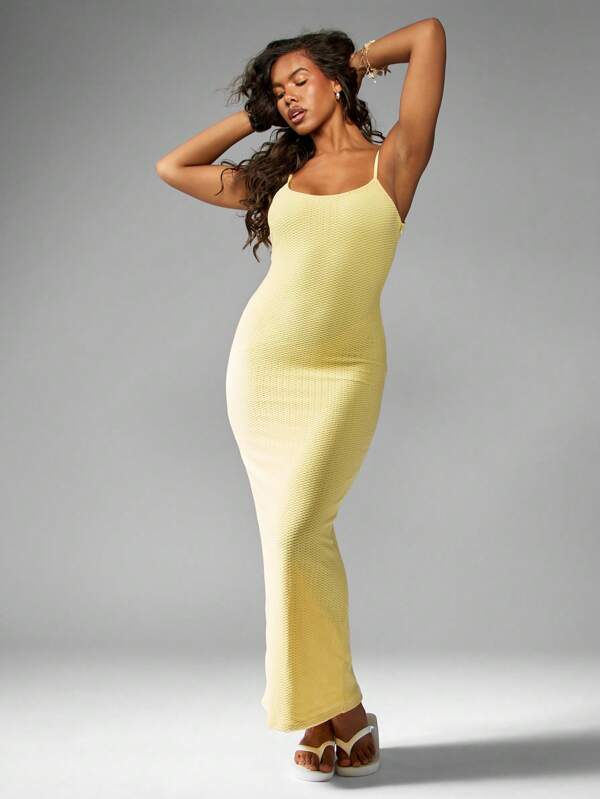 missguided MISSGUIDED Textured Ribbed Knit Bodycon Spaghetti Strap Women Maxi Dress