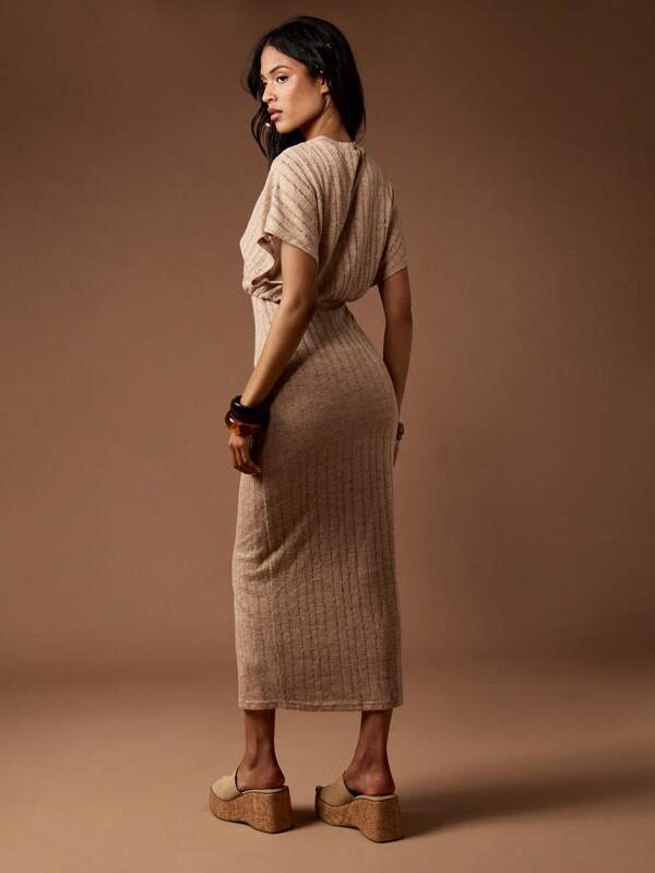 Missguided MISSGUIDED Textured Ribbed Knit Midaxi Dolman Sleeve Cinched Waist Long Dress