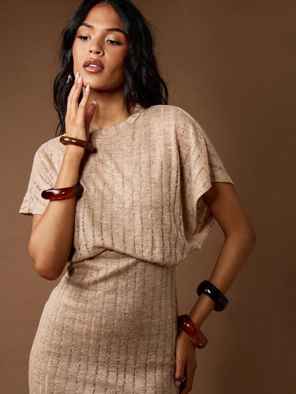 Missguided MISSGUIDED Textured Ribbed Knit Midaxi Dolman Sleeve Cinched Waist Long Dress