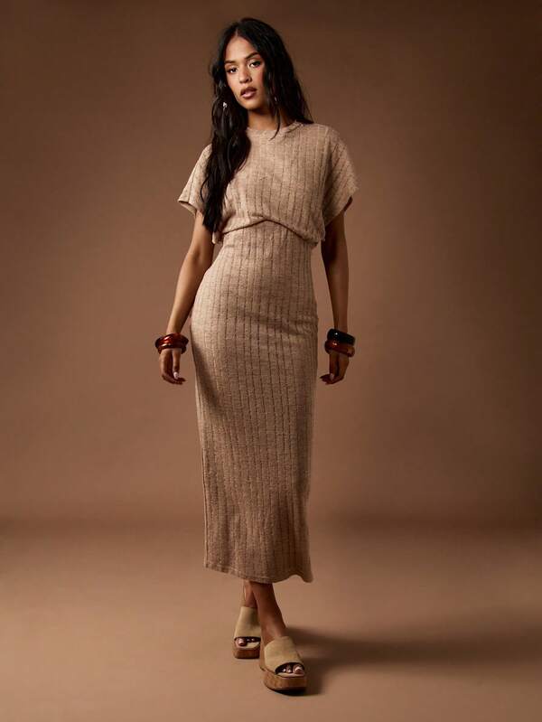 Missguided MISSGUIDED Textured Ribbed Knit Midaxi Dolman Sleeve Cinched Waist Long Dress