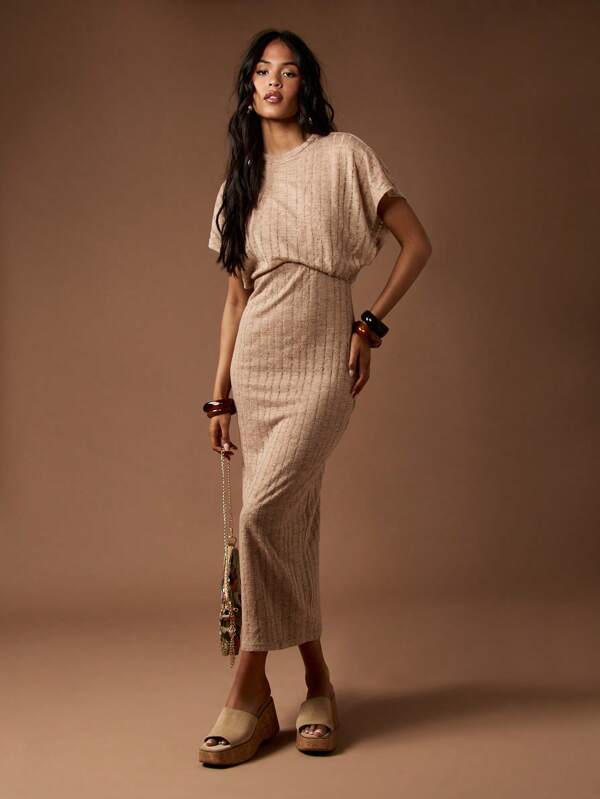 missguided MISSGUIDED Textured Ribbed Knit Midaxi Dolman Sleeve Cinched Waist Long Dress