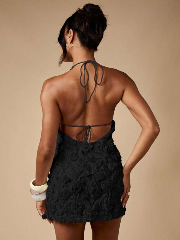 Missguided MISSGUIDED Textured Rosette Halter Mini Dress With Open Back