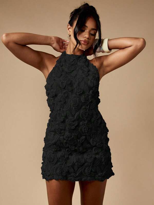 missguided MISSGUIDED Textured Rosette Halter Mini Dress With Open Back