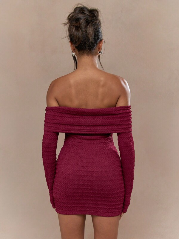 Missguided MISSGUIDED Textured Ruched Bust Off-Shoulder Long Sleeves Bodycon Mini Dress