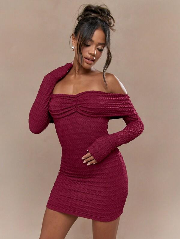 missguided MISSGUIDED Textured Ruched Bust Off-Shoulder Long Sleeves Bodycon Mini Dress