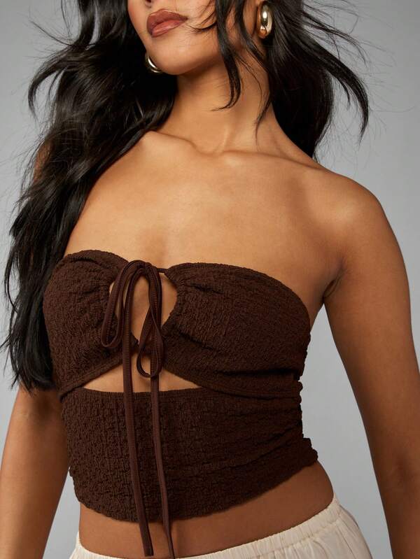 Missguided MISSGUIDED Textured Ruched Halter Crop Bustier With Tie Detail