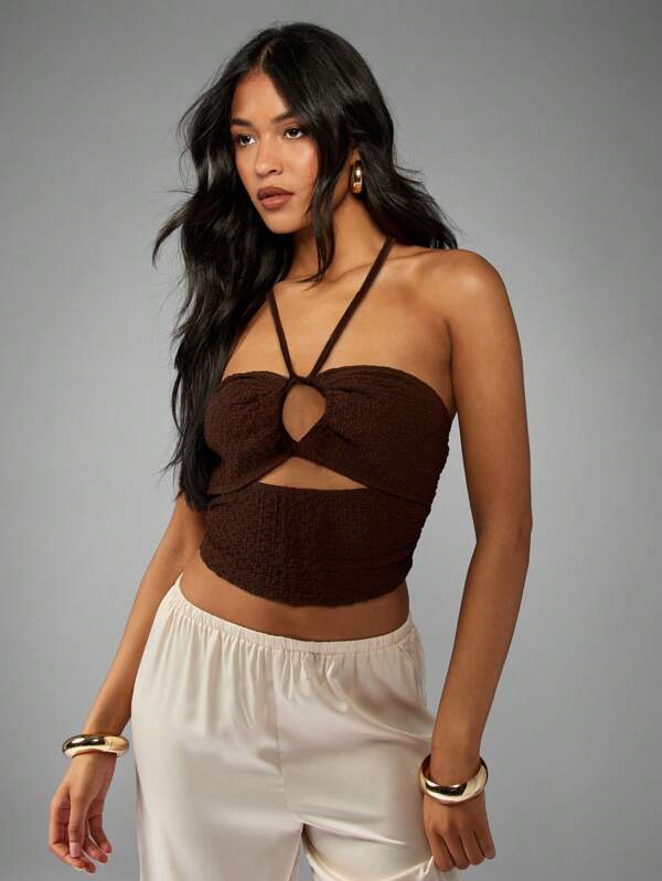 missguided MISSGUIDED Textured Ruched Halter Crop Bustier With Tie Detail