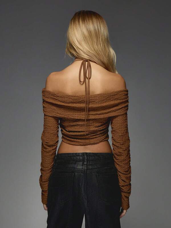 Missguided MISSGUIDED Textured Ruched Halter Neck Bardot Top With Long Sleeves