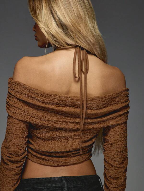 Missguided MISSGUIDED Textured Ruched Halter Neck Bardot Top With Long Sleeves