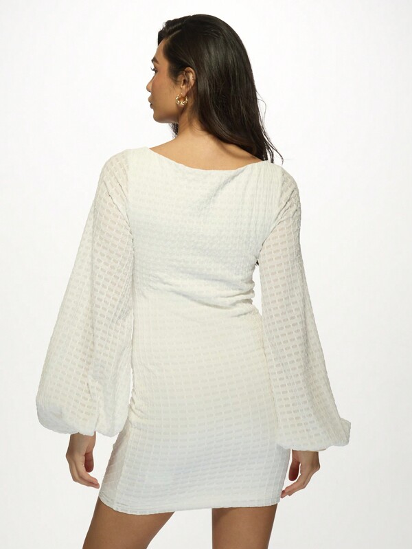 Missguided MISSGUIDED Textured Ruched Mini Dress Long Balloon Sleeve Square Neck