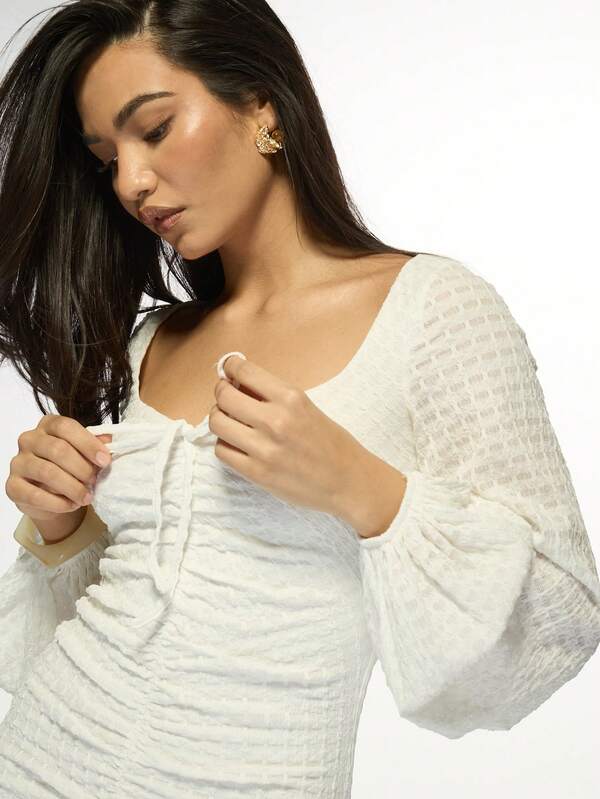 Missguided MISSGUIDED Textured Ruched Mini Dress Long Balloon Sleeve Square Neck