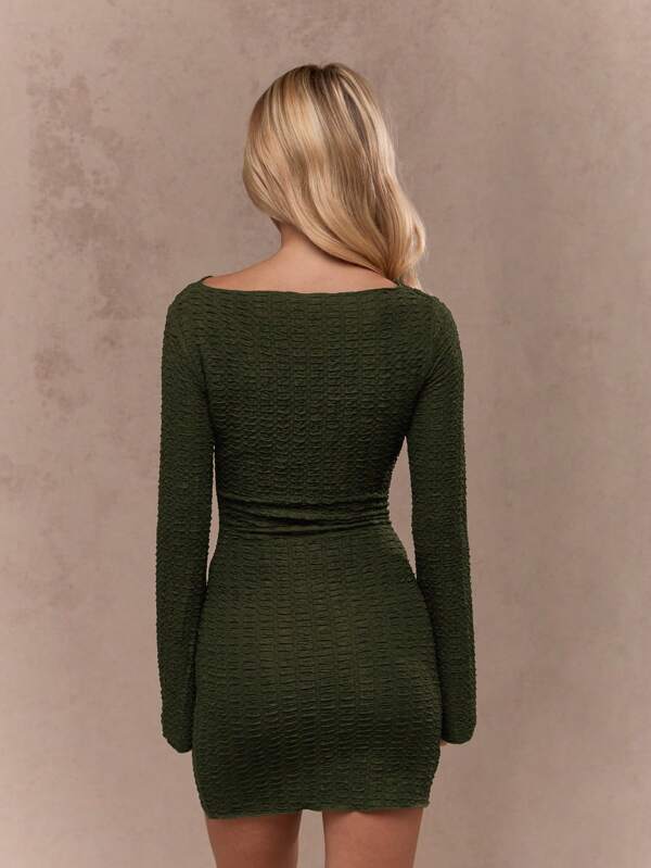 Missguided MISSGUIDED Textured Ruched Stretch Long Sleeve Bodycon Mini Dress