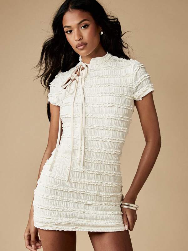 missguided MISSGUIDED Textured Ruffle Bodycon Short Sleeve High Neck Mini Dresses