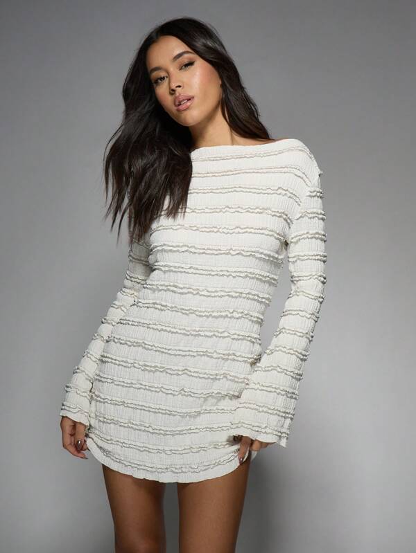 missguided MISSGUIDED Textured Ruffle Mini Dress With Long Sleeves