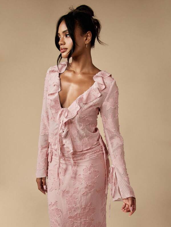 Missguided MISSGUIDED Textured Ruffle Trim V Neck Co Ord With Bell Sleeves