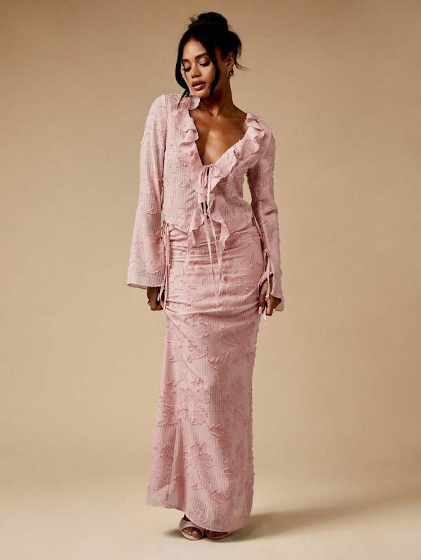 missguided MISSGUIDED Textured Ruffle Trim V Neck Co Ord With Bell Sleeves