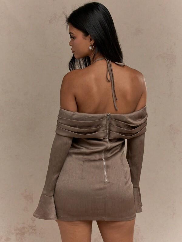 Missguided MISSGUIDED Textured Satin Bell Long Sleeves Cross Halter Straps Bardot Mini Dress