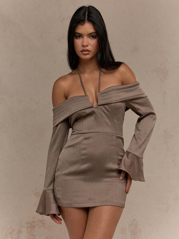 missguided MISSGUIDED Textured Satin Bell Long Sleeves Cross Halter Straps Bardot Mini Dress