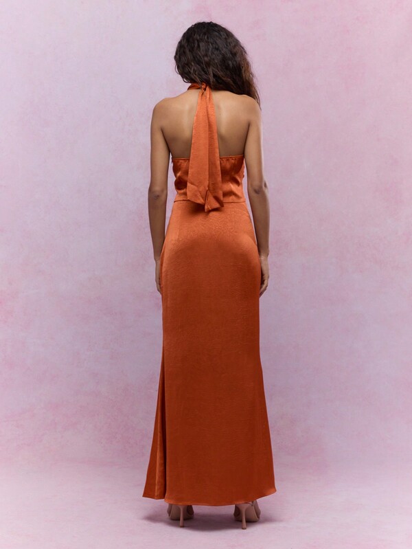 Missguided MISSGUIDED Textured Satin Cross Halter Neck Cut-Out Waist Backless Flared Hem Maxi Dress