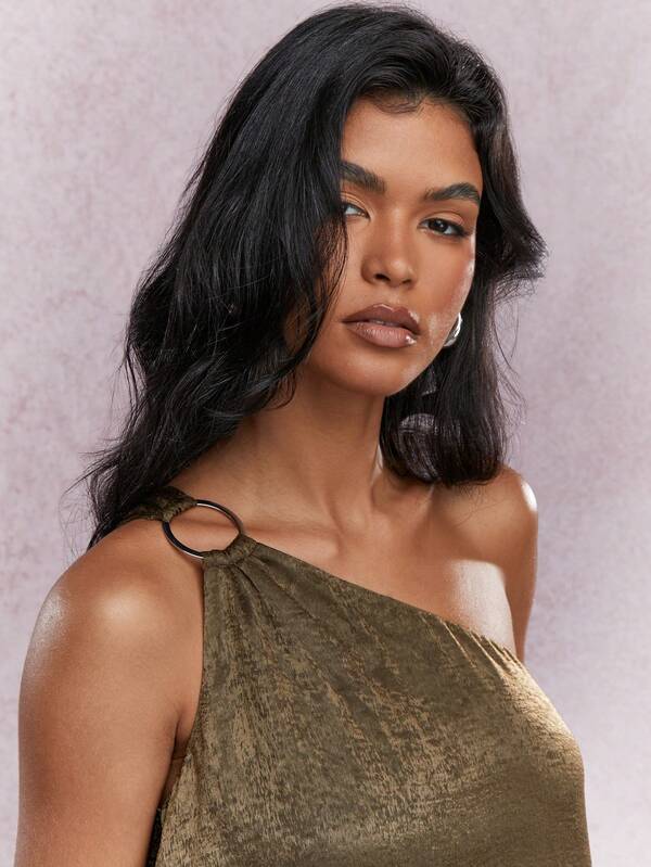 Missguided MISSGUIDED Textured Satin One Shoulder Metal Ring Detail Loose Maxi Dress