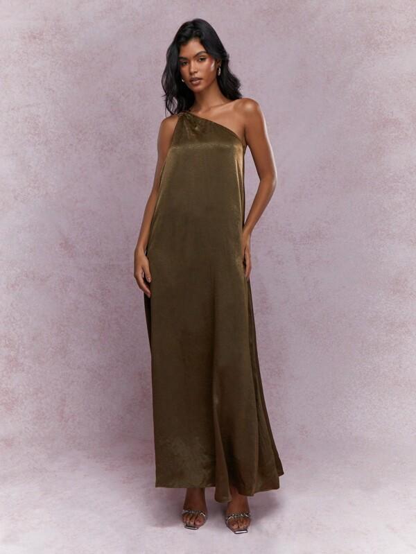 missguided MISSGUIDED Textured Satin One Shoulder Metal Ring Detail Loose Maxi Dress