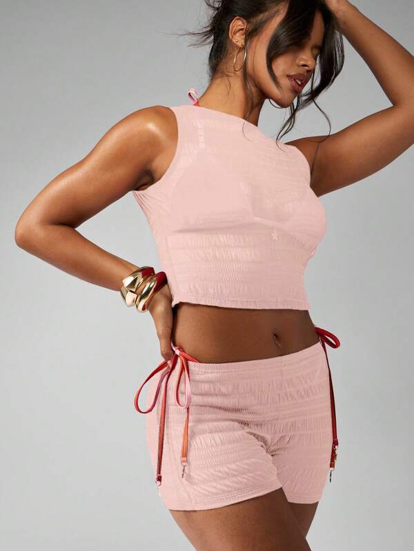 Missguided MISSGUIDED Textured Shirred Bodycon Crop Top Shorts Two-Piece Outfit