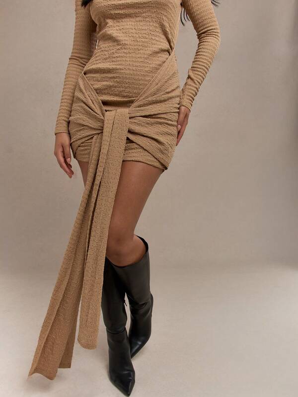 Missguided MISSGUIDED Textured Side Tie Detail Ruched Long Sleeves Bodycon Mini Dress