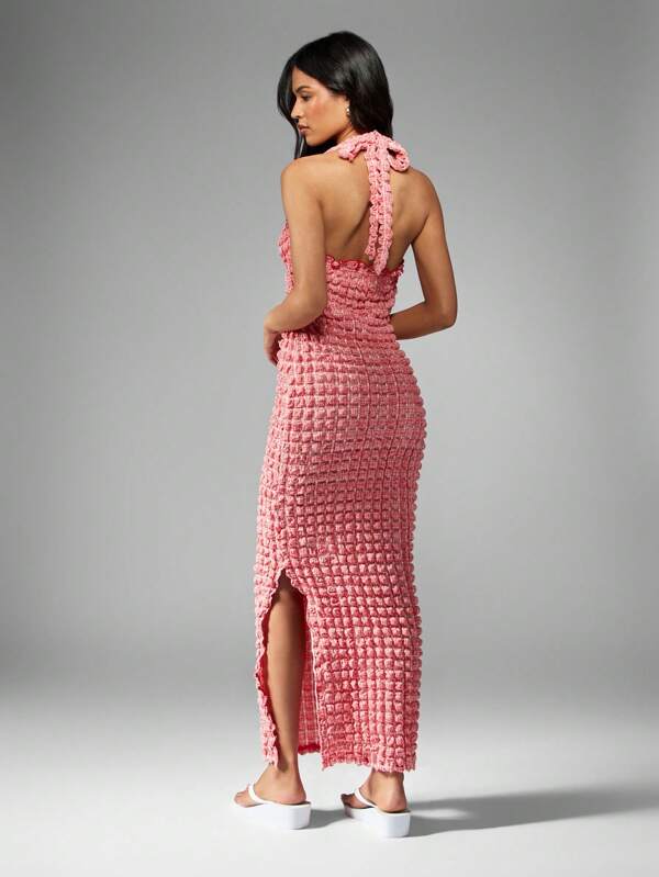 Missguided MISSGUIDED Textured Smocked Halter Neck Ruffle Trim Maxi Dress
