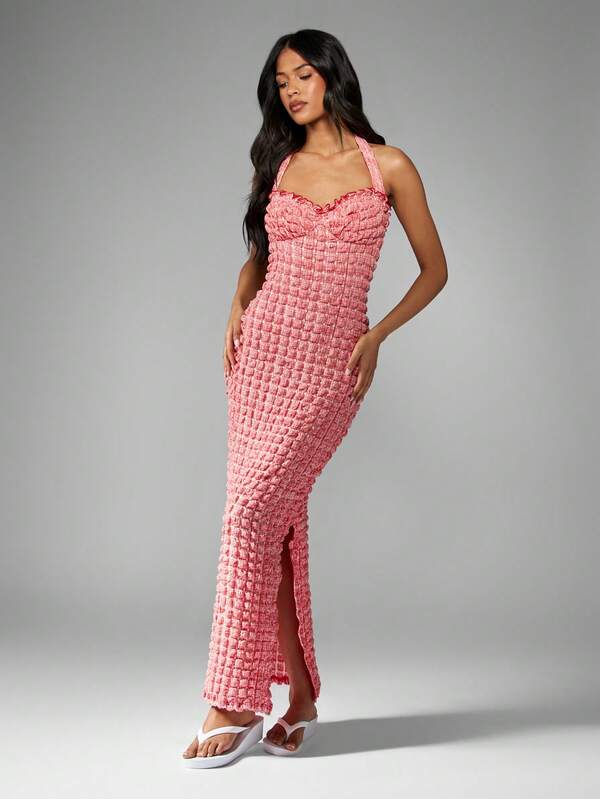 Missguided MISSGUIDED Textured Smocked Halter Neck Ruffle Trim Maxi Dress