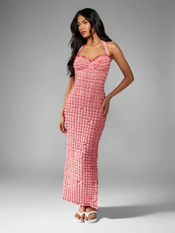 missguided MISSGUIDED Textured Smocked Halter Neck Ruffle Trim Maxi Dress