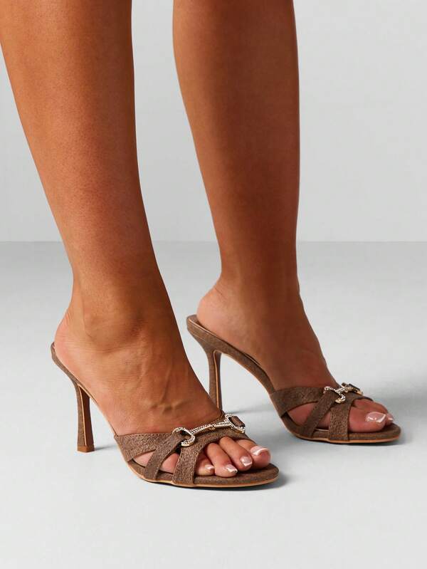 missguided MISSGUIDED Textured Strappy High Heel Mules With Chain