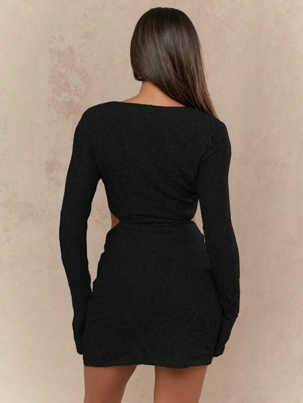 Missguided MISSGUIDED Textured Stretchy Cut Out Long Sleeve Ruched Mini Dress With High Square Neckline