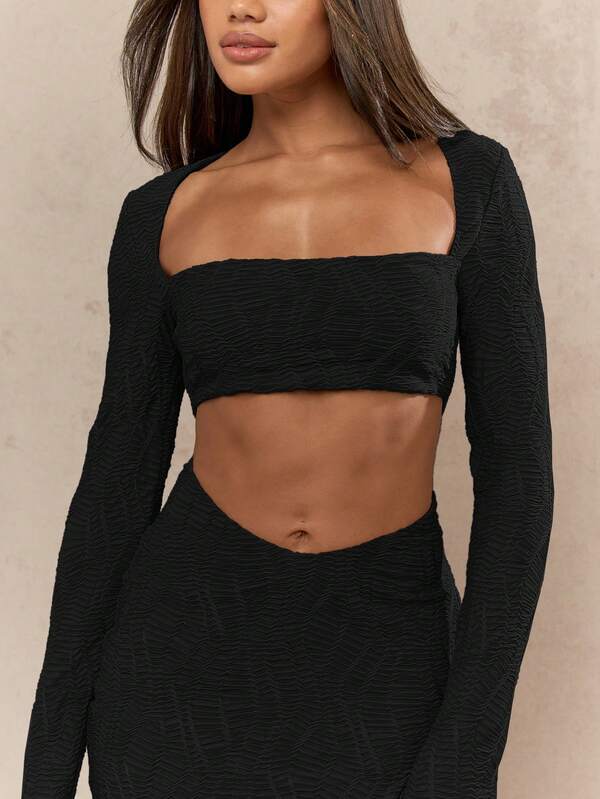 Missguided MISSGUIDED Textured Stretchy Cut Out Long Sleeve Ruched Mini Dress With High Square Neckline