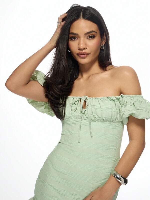 Missguided MISSGUIDED Textured Stripe Off Shoulder Puff Sleeve Ruffle Hem Mini Bodycon Dress