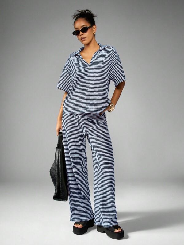 missguided MISSGUIDED Textured Stripe Two Piece With V-Neck And Wide Leg