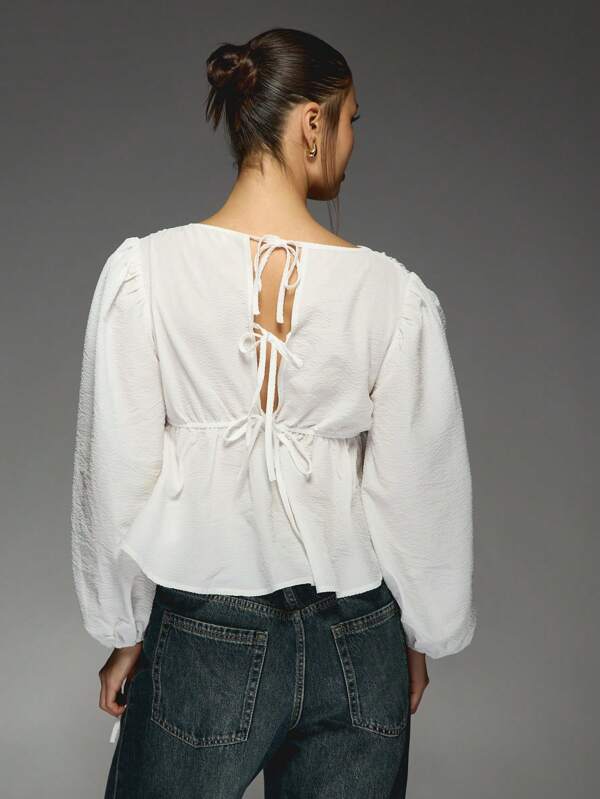 Missguided MISSGUIDED Textured Tie Back Plunge Neck Long Balloon Sleeves Peplum Top