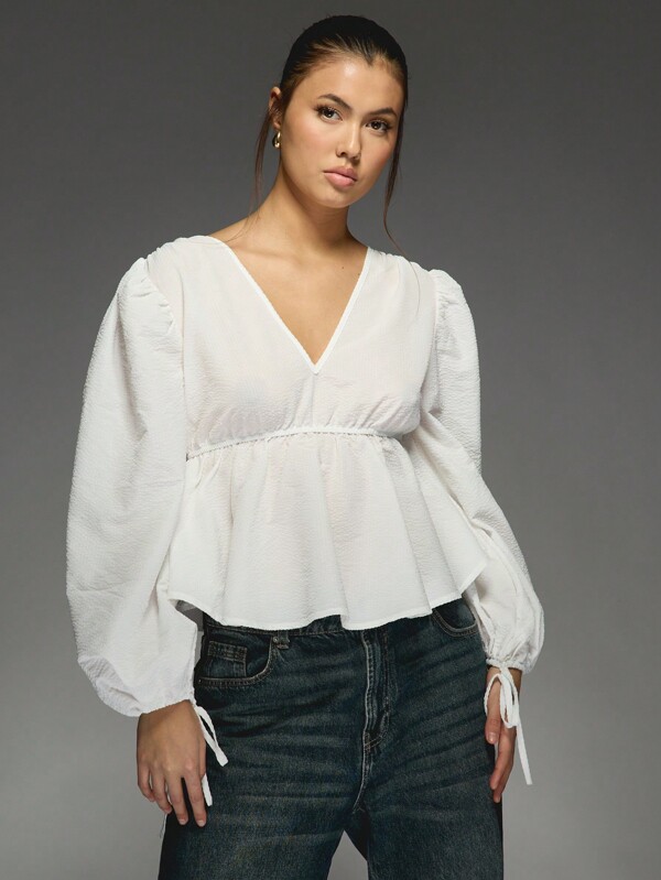 missguided MISSGUIDED Textured Tie Back Plunge Neck Long Balloon Sleeves Peplum Top