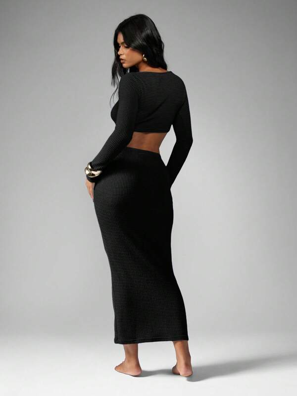 Missguided MISSGUIDED Textured Waffle Knit Crop Top Maxi Skirt Two Piece